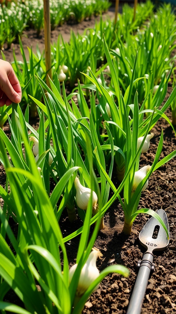 A flourishing garlic garden with green plants and healthy bulbs under sunlight.